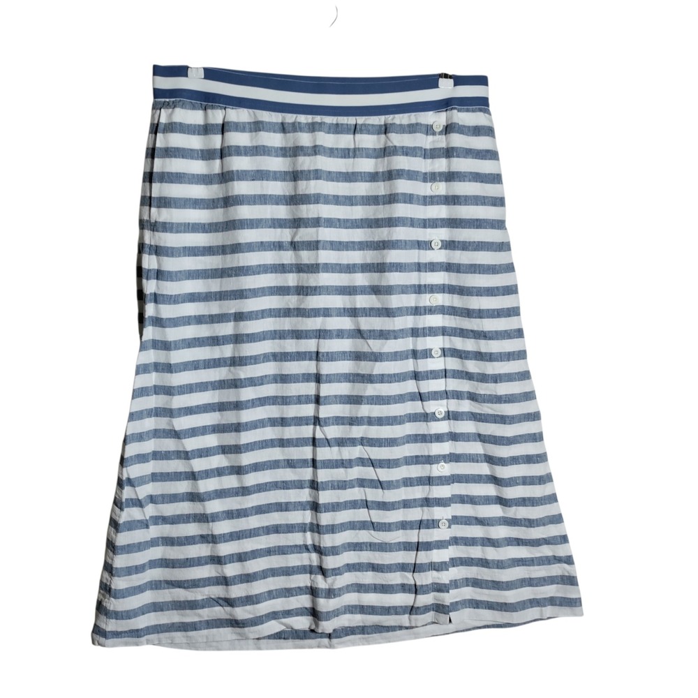 J. Jill Love Linen Blue White Striped Button Side Midi Skirt Womens 2X Plus Size